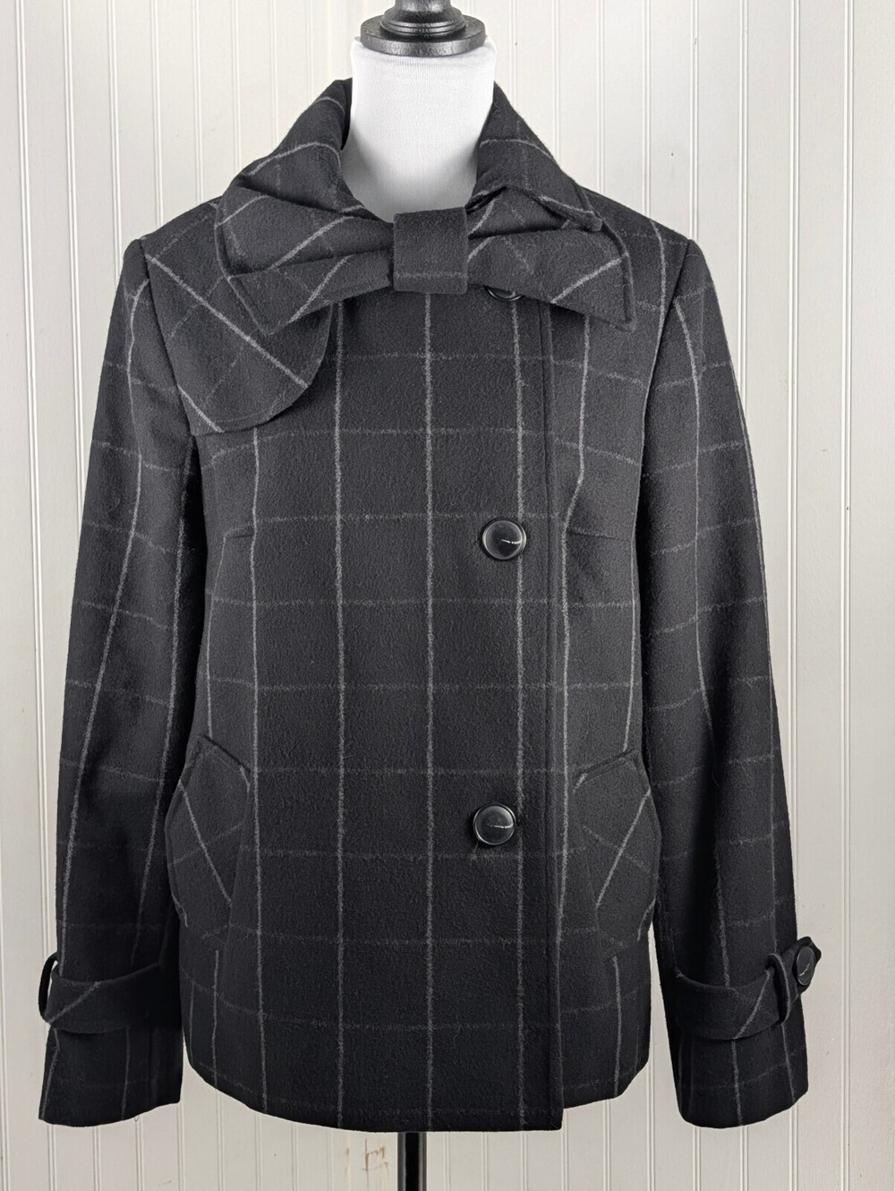 Helene Berman London Plaid Wool Blend Bow Collar Pea Coat Jacket M